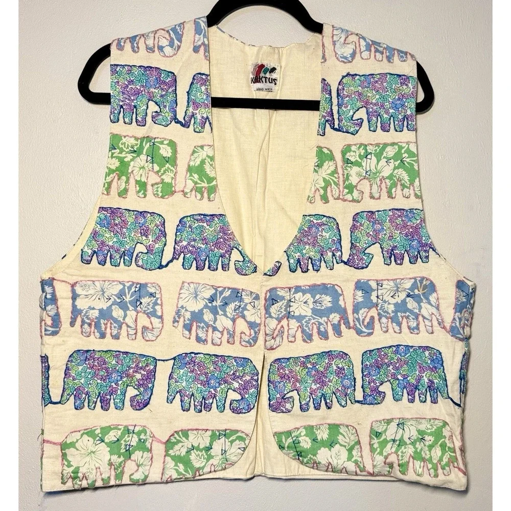 Vintage Hippy Kaktus Vest Size L Elephant Quilted Stitch Safari Savanna 90s Boho